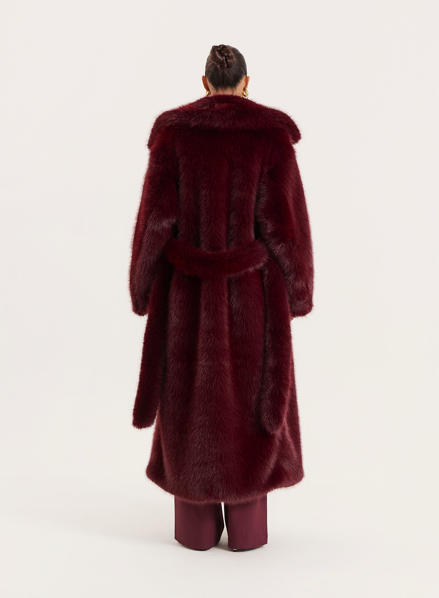 Burgundy Faux Fur Belted Longline Coat